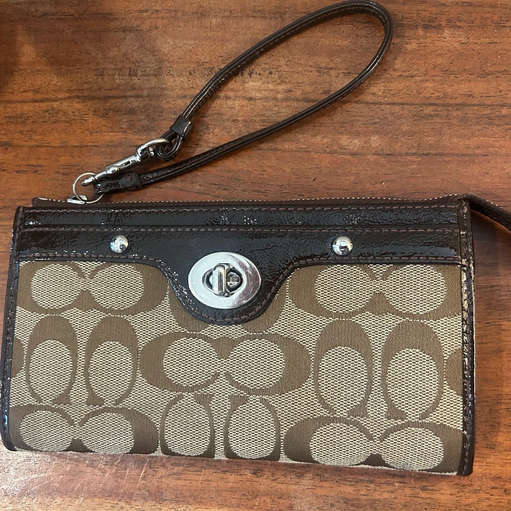 Coach Brown Signature and Leather  Wristlet